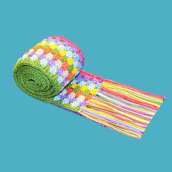 Bold Colorful Hand Crocheted Scarf with Fringe | Winter Accessory for Cozy Style - Picture 5 of 7